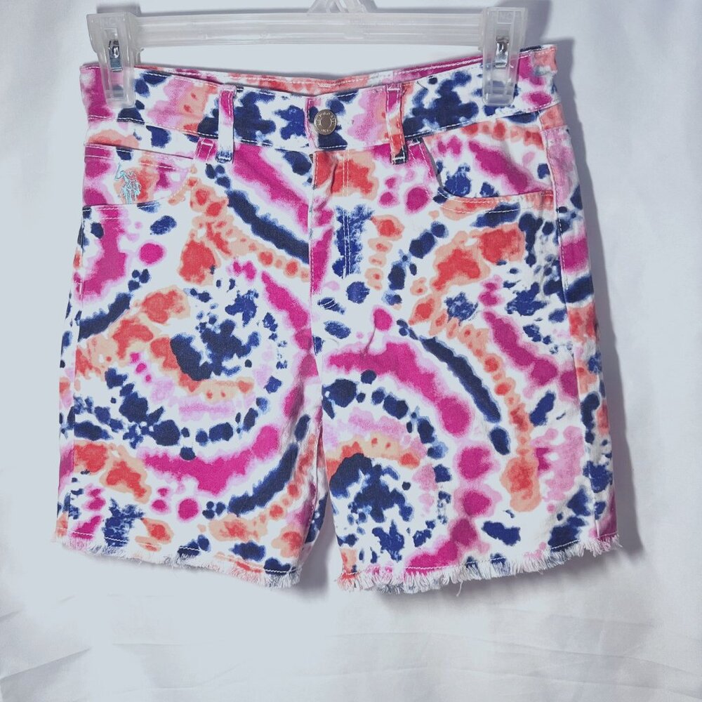 U.S. Polo Assn.-Girls Tie Dye Jeans/Denim Stretch Shorts-Size 10-12-White,Pink